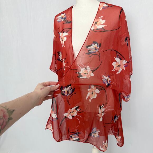 Emory Park Floral Sheer Kimono Burnt Orange Red Flowy, One Size - Picture 3 of 7